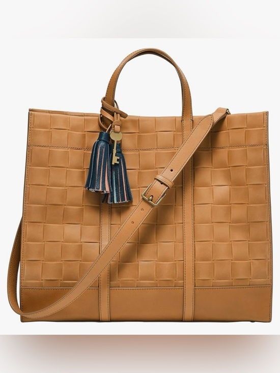 Fossil Handbags - Fossil Carmen Woven Large Tote in Cognac Tan with Multi-Color Tassel